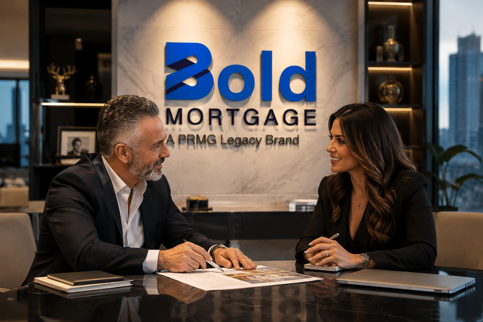 A real estate agent and a Bold Mortgage lender reviewing documents together in a modern office