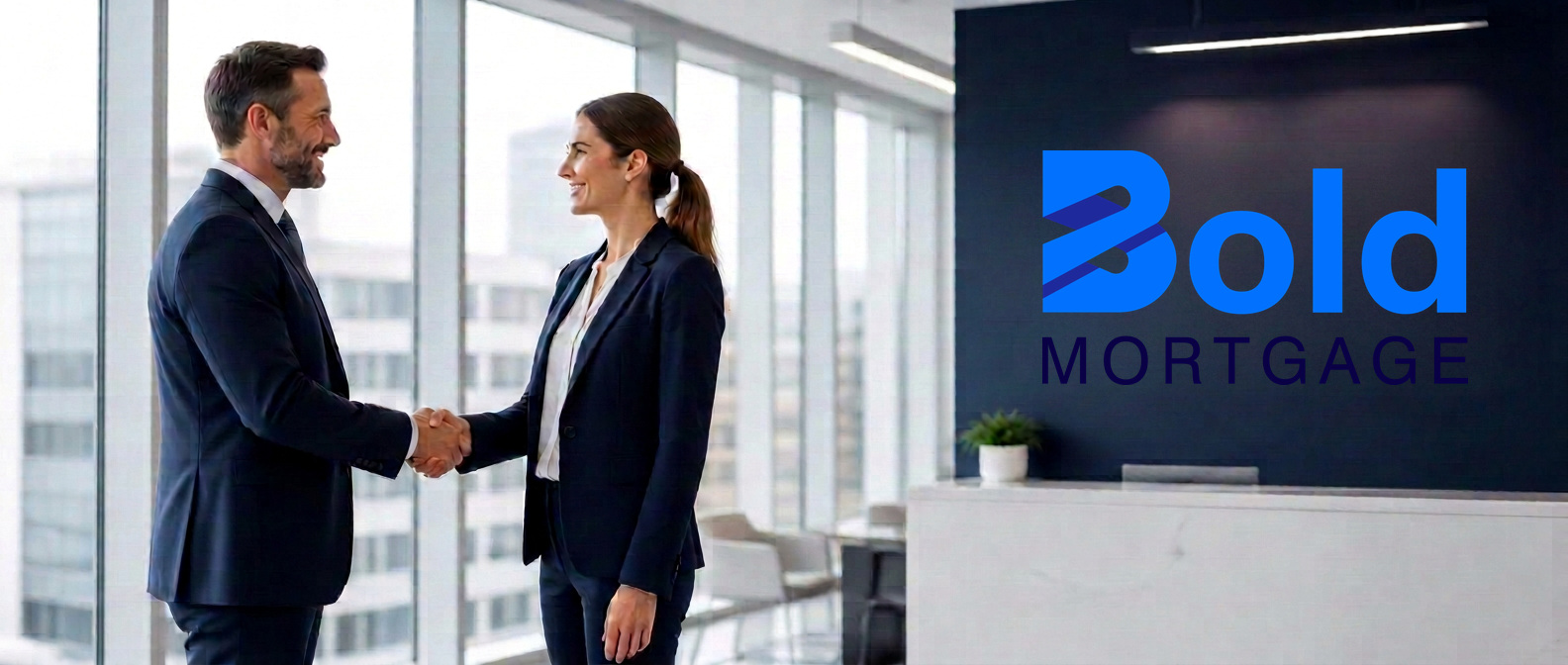 Two professionals shaking hands in a modern Bold Mortgage office